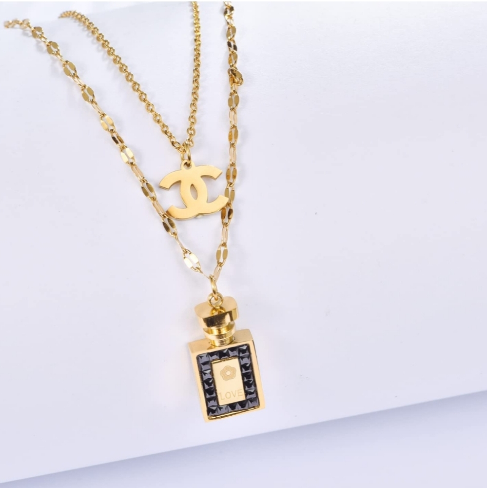 14K Gold Plated CC Layered Necklace Perfume Bottle